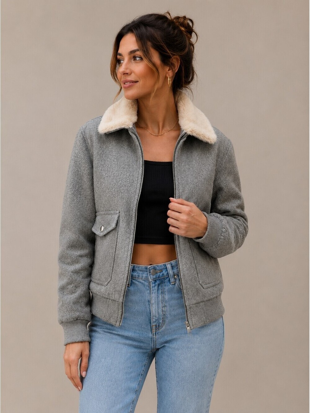 Gray Faux 90s Y2K Fur Collar Bomber Aviator Jacket Women’s L Cottage Fall Indie
